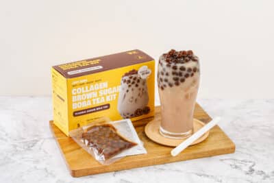 Creamy at home bubble tea kit with brown sugar collagen boba and rich malty Assam milk tea